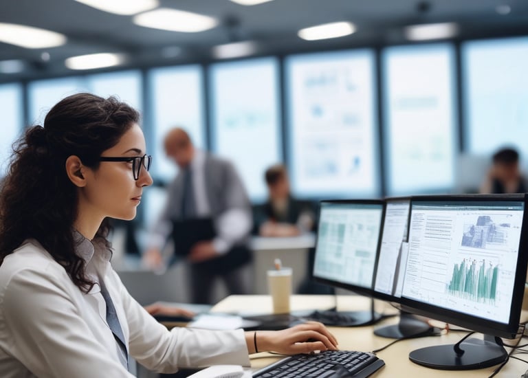 A group of people sit in front of computer monitors displaying code in an office setting. The focus is on a young person in a white shirt with a thoughtful expression, while others work in the background. The room is well-lit with white overhead lights and has a modern office design.