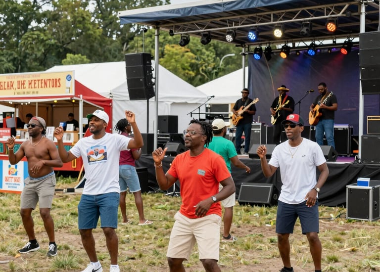 A bustling outdoor gathering with a diverse group of people walking and socializing. The setting includes trees, a modern building, and red shipping containers. Strung lights and large umbrellas create a festive atmosphere, hinting at an event or fair. The crowd is engaged in various activities like walking, talking, and gathering around tables.