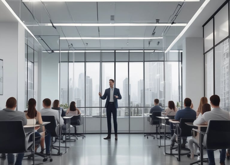 Hanging signage with bold, stylized lettering is displayed in a large indoor venue. Below, a digital display showcases a logo featuring a lion's head and text with vibrant blue and red lighting effects. The ceiling is lined with intricate lighting fixtures and metal trusses.
