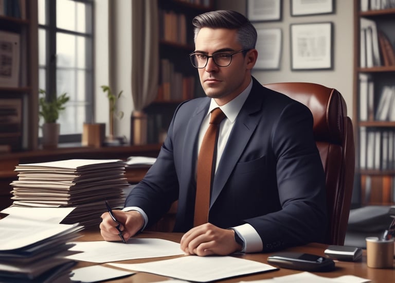 A police officer stands next to a car outside an automotive service and parts center, interacting with two men in formal attire. Yellow caution tape surrounds a small landscaped area, and several cars are parked in the background. A building with large glass windows is visible in the distance.