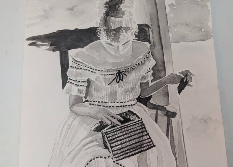 Sketch of a content woman happily sewing near a door rendered in water graphites and micron ink pen paper by Kathy LaFollett.