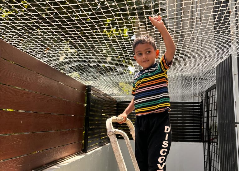 Children playing safely behind a protective net.