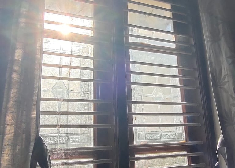 A variety of velcro mosquito nets displayed on different window types in a Bangalore apartment.