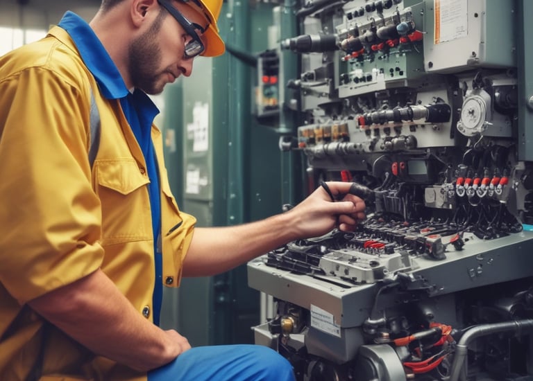 Industrial maintenance team working on heavy machinery in a factory setting.