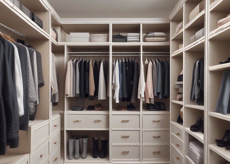 A well-organized wardrobe with custom shelving and storage solutions.