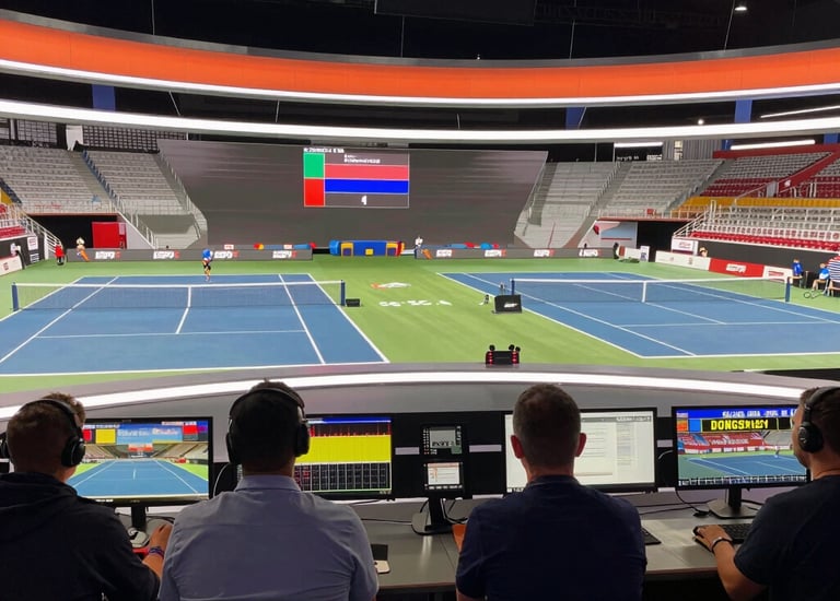 A person in a dark suit is holding a professional video camera in a room that appears to be a studio or set. The background includes a large blue illuminated window, some furniture, and various objects such as a globe.