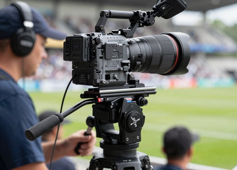 A person holds a professional video camera, pointing it directly at the viewer. The person has short, curly hair and wears a light brown jacket. The camera is positioned prominently in the center of the image, while the background is a plain, textured gray wall.