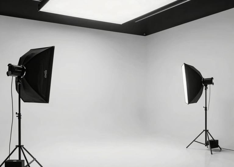 A professional video camera set on a tripod is surrounded by a vibrant display of pink and blue neon lights. The camera's viewfinder shows a digital display, indicating that it is turned on and possibly recording. The background features blurred vertical patterns of colored lights, creating a modern and dynamic atmosphere.