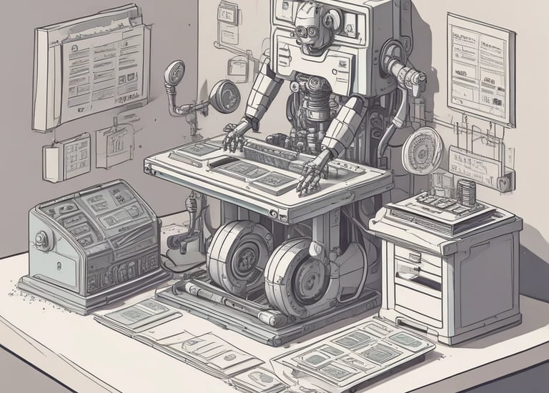 A small, white humanoid robot with blue accents, including eyes, mouth, and a circular badge with the letters 'AI' on its chest, is positioned in front of a blue laptop on a metallic surface. The robot has a simple, smooth design with two cylindrical arms and a small antenna on top.