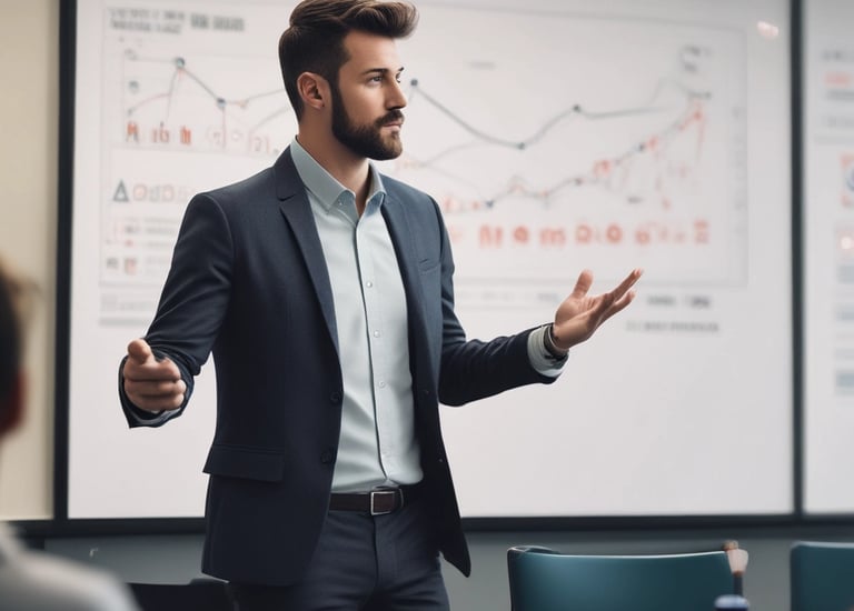 A man in a suit is speaking on stage with a large presentation slide behind him titled 'Keys to Social Media Success'. The slide lists several bullet points on successful social media strategies. The stage is lit with red and orange tones, and another part of the stage features striped panels emitting red light.