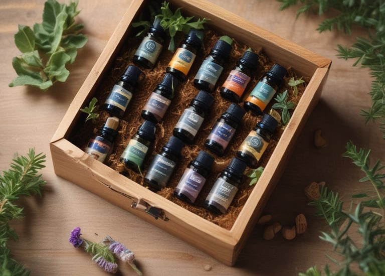 A set of essential oil bottles arranged on a textured white surface. The bottles are colorful, each labeled with a different name. Surrounding the bottles is a rustic, wooden sign with an arrow and the words 'Be holy' inscribed. A glass vase with branches, a metallic vase with dried flowers, and a decorative candle holder are also present on a floral-patterned cloth.