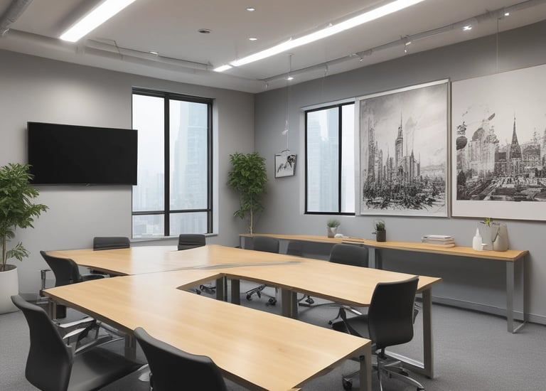The room is a well-lit conference or training room with several rows of desks, each equipped with computer monitors and ergonomic chairs. A large projector screen is mounted on the beige wall, flanked by two plants. The room is illuminated by a grid of ceiling lights, and a whiteboard stands in the corner.
