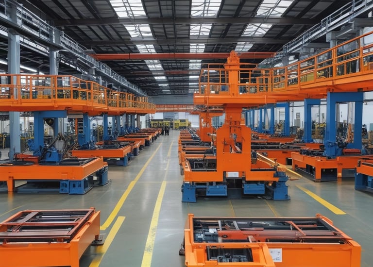 A section of an industrial machine, featuring metal components and a mechanism for processing or assembling parts. The setup includes wiring and a slanted metal panel, with a robotic element prominent in the background.