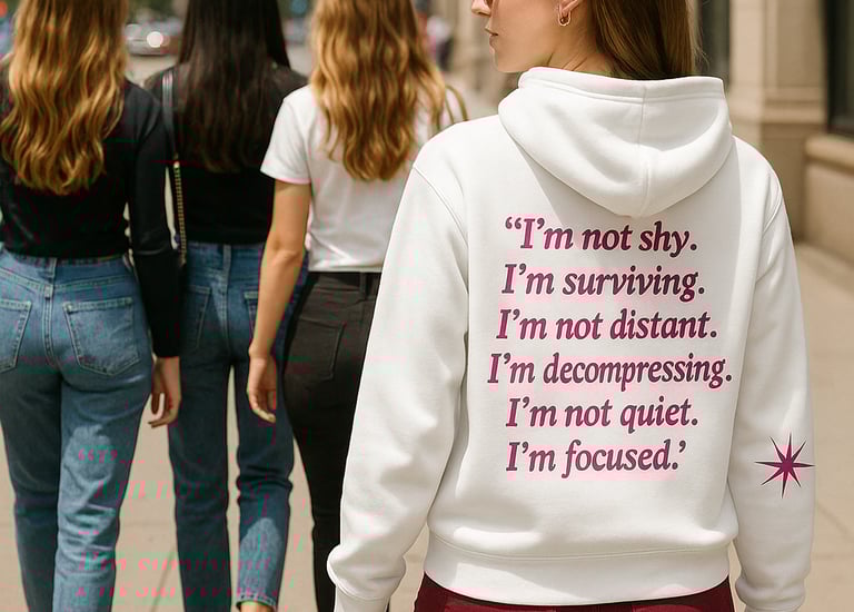 a woman in a white hoodie with a affirmation hoodie on