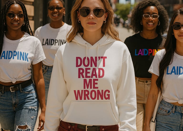 a woman in a hoodie with a don't read me wrong