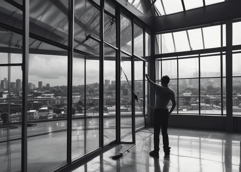 A person is kneeling on a grassy lawn, operating a lawn mower. The person is wearing a dark shirt and khaki pants. The lawn mower is metallic with orange accents and has a grass collection bag attached to it. In the background, there are trees and shrubs providing a lush, green backdrop.