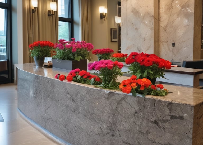 a reception table with flowers in a lobby