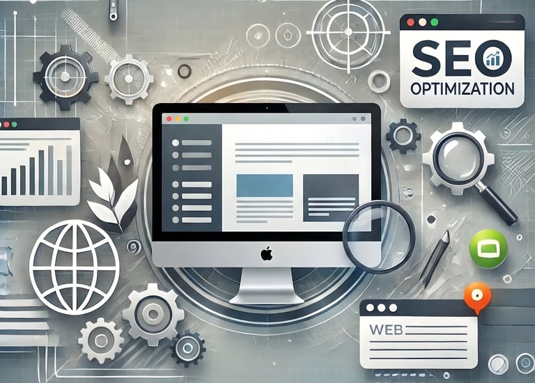 Concept d'optimisation SEO : ordinateur, outils d'analyse et label 'SEO OPTIMIZATION'.