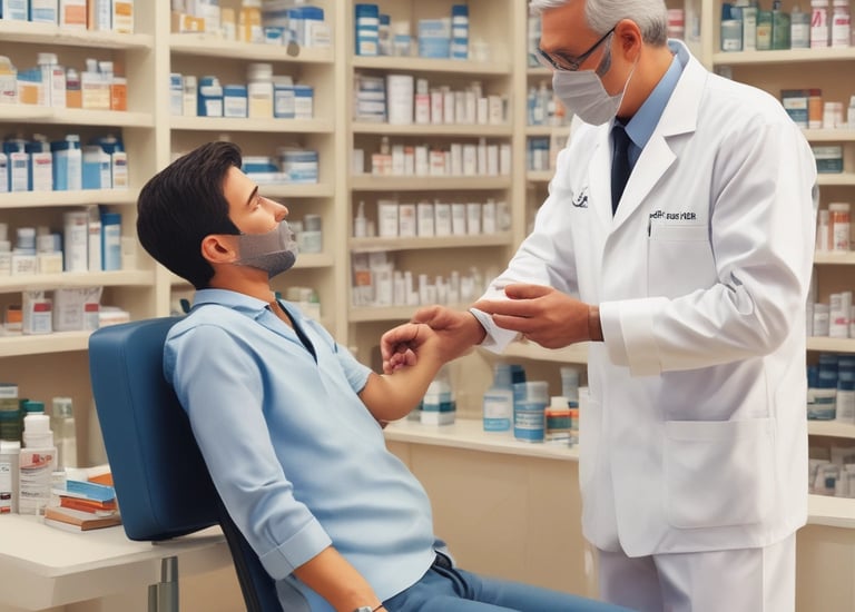A dimly lit street corner featuring a closed pharmacy with bright green signage in Arabic and French. The storefront is illuminated by a series of warm lights, casting a subdued glow. A lone electric scooter is parked on the wet pavement under a streetlight.