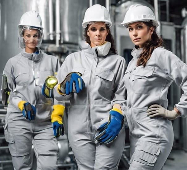 trabajadoras colocándose overol guantes casco protección ocular para iniciar actividades
