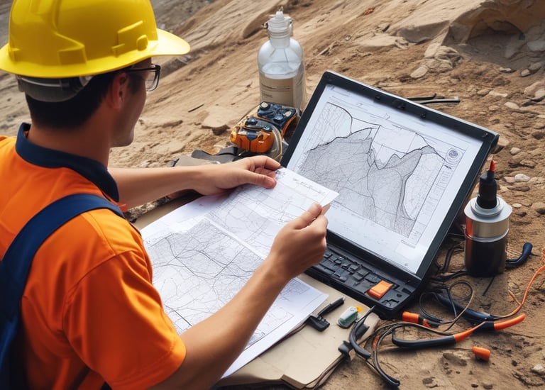Aerial view of an open-pit mine with visible layers of excavated earth. The terrain is marked by striations and varying earth tones, indicating different mineral deposits. Sparse vegetation or water may be present in certain areas.