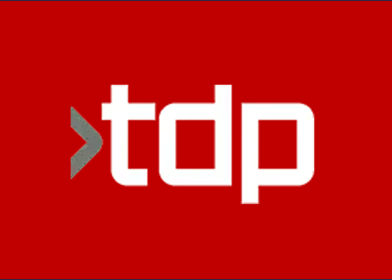 a red and white logo with the word'dptt '