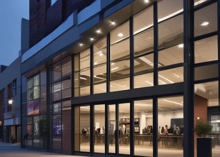 Modern apartment buildings with curved glass facades are partially obscured by dense greenery and trees, creating a harmonious blend of architecture and nature. In the foreground, a warmly lit street lamp stands out against the surrounding foliage, adding a cozy element to the scene.