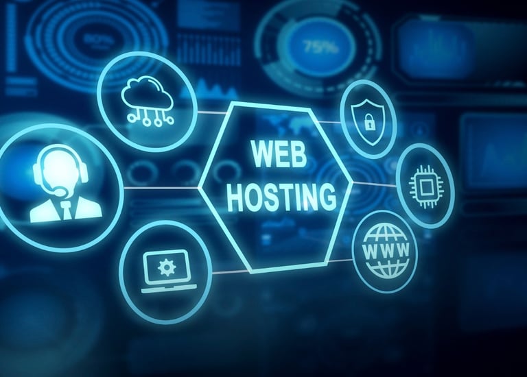 A blue screen with a white graphic that reads "Hosting."