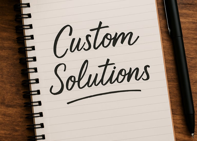 A notebook with the words "Custom Solutions" written on its open page.