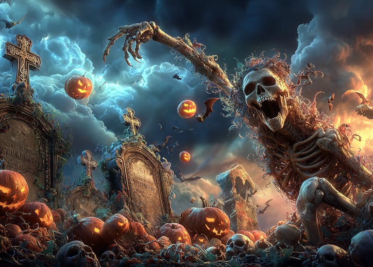 Album art for EmberVox song showing a skeleton and gravyard