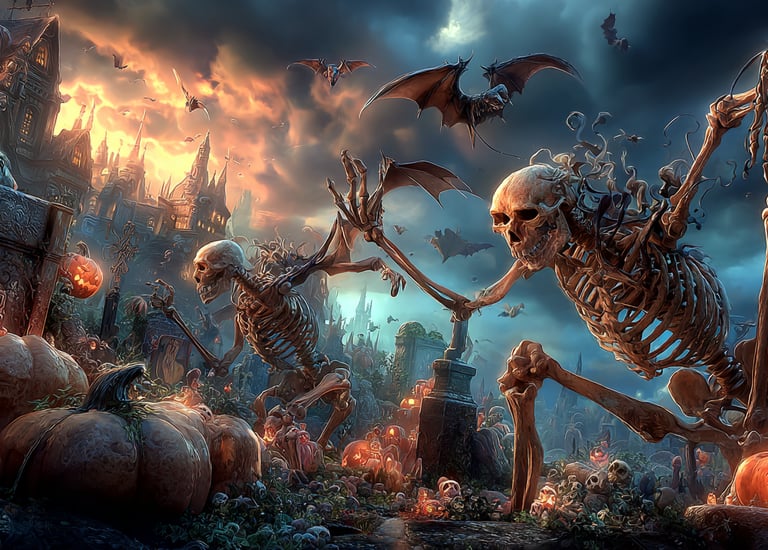 Album art for EmberVox song showing a skeletons in spooky graveyard