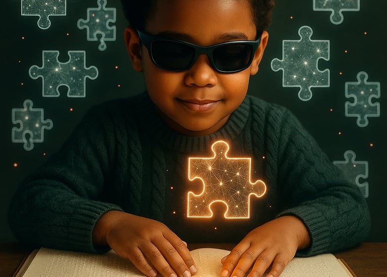 blind student with a braille book in front of him and a glowing puzzle piece lighting the scene