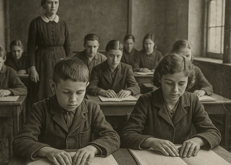 ai generated picture that is supposed to represent a school for the blind in the 1930's 