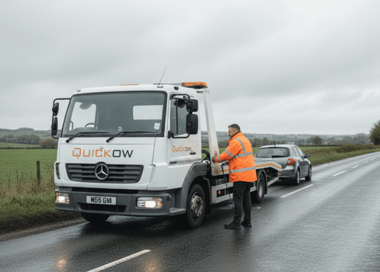 Quickow vehicle recovery service assisting a car on a UK roadside.