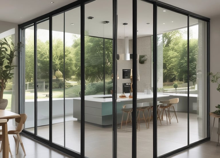 A set of white-framed sliding glass doors with multiple square panes, allowing bright light to pass through, creating a high contrast between the dark frame and the bright background.