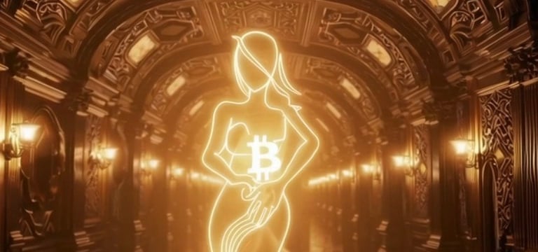 A Bitcoin bodied woman clutches crypto in an actress performance.