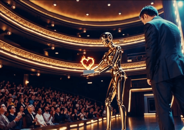 A robotic actress recieves an award from her director.