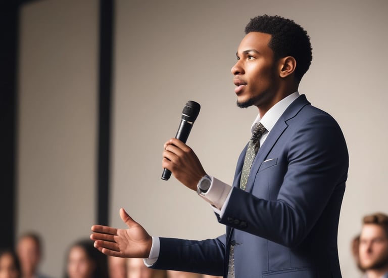 A man in a suit and tie is speaking into a microphone
