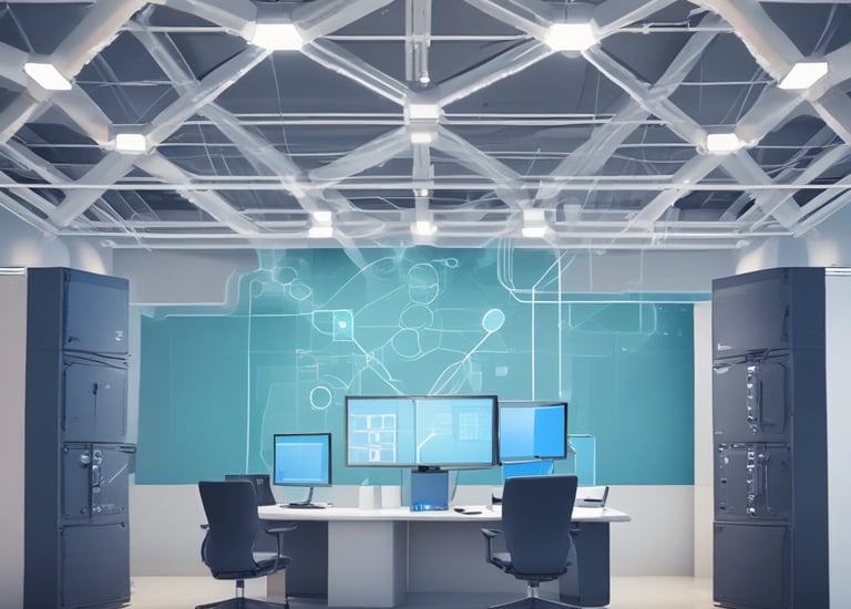 A team of IT professionals collaborating over network diagrams in a modern office.