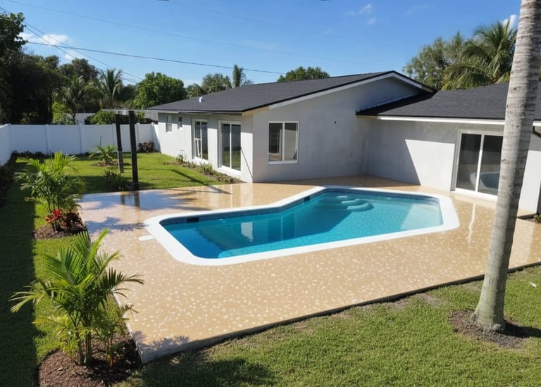 A newly finished backyard with a pristine pool, modern epoxy decking, and vibrant landscaping, 