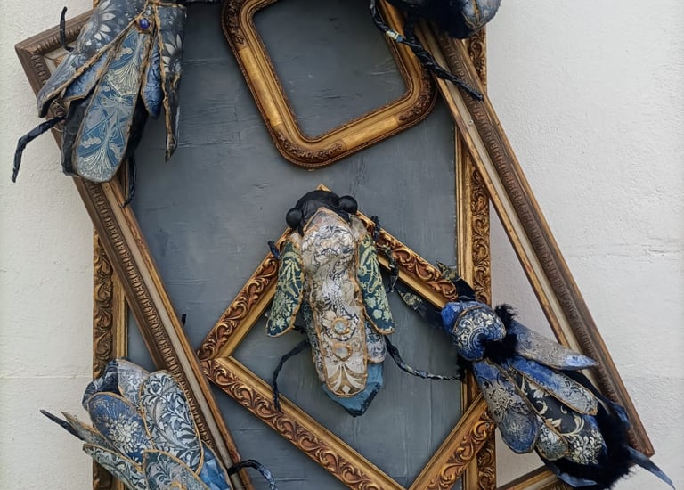 some picture frames with bugs climbing on them