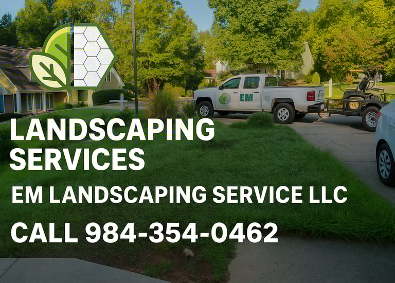 a landscaped yard with a truck and a truck