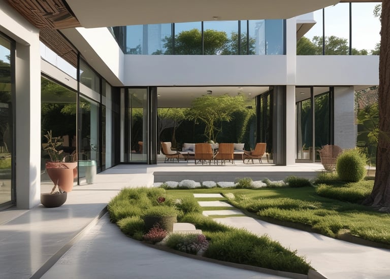 A luxury white Rolls-Royce car is parked on a gravel driveway in front of a large, elegant house with stone walls and large windows. Tall trees and bushes surround the property, creating a lush and private setting.