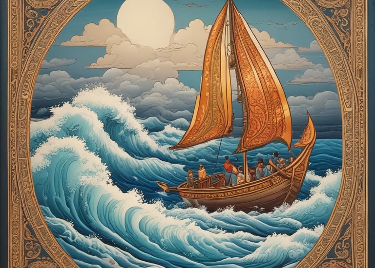 Characters navigating a dark underground river in episode three.