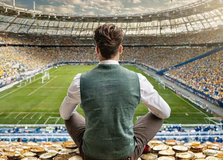 uomo seduto sopra tante monete dentro un campo da calcio