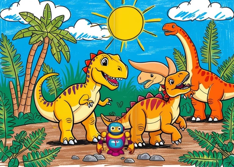 Dibujos animados de dinosaurios para niños en una jungla prehistórica, con dinosaurios sonrientes