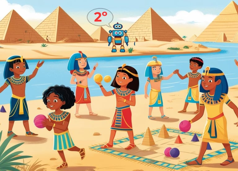 Niños egipcios jugando junto al río Nilo frente a las pirámides de Egipto, vestidos con trajes 