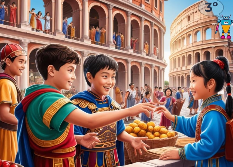 Niños vestidos con túnicas romanas comprando fruta en un mercado de la antigua Roma, con el Coliseo 
