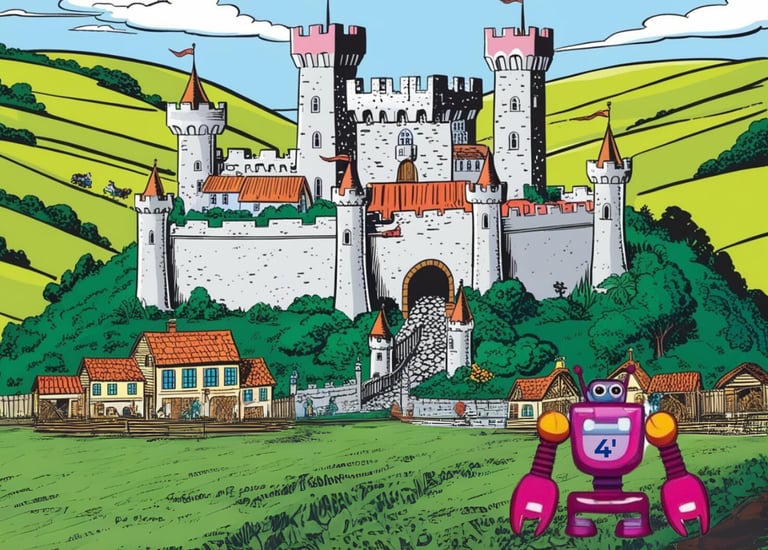 Castillo medieval rodeado de casas rurales y colinas verdes, con un robot rosa y morado