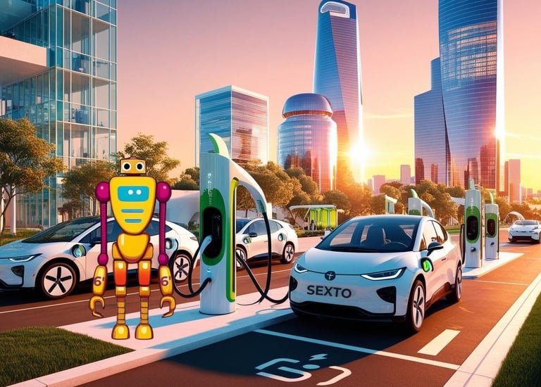 Robot amarillo y rosa junto a coches eléctricos cargando en estaciones de recarga en una ciudad